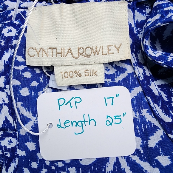 NWOT   BLUE & WHITE 100% SILK SLEEVELESS BLOUSE BY CYNTHIA ROWLEY - SIZE… - Picture 9 of 10
